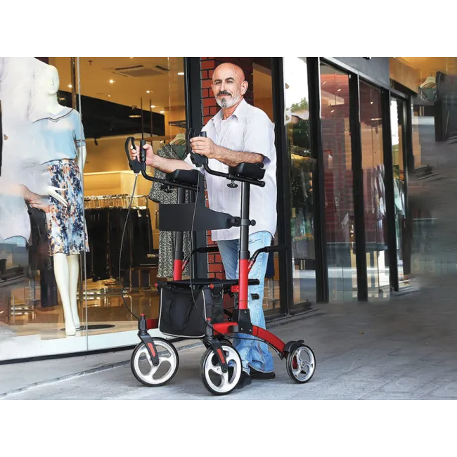 Cadru de mers reglabil cu suport pentru ridicare în picioare, din aluminiu, roșu (1 buc)