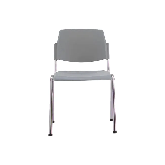 Scaun stivuibil gri cu cadru din oțel cromat și șezut din plastic autoextingibil