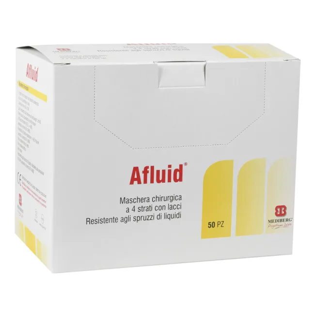 Mască chirurgicală AFLUID 4 straturi tip IIR cu șnururi, rezistentă la stropire cu lichide, albastru deschis (cutie 600 buc)