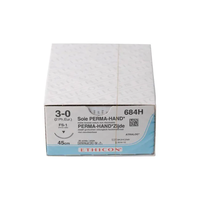 Ață de sutură neresorbabilă din mătase Ethicon Perma-Hand 3/0, ac 24 mm FS-1 (cutie 36 buc)