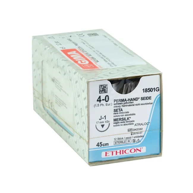 Ață de sutură neresorbabilă din mătase Ethicon Perma-Hand 4/0, ac 17 mm J-1, împletită (cutie 12 buc)