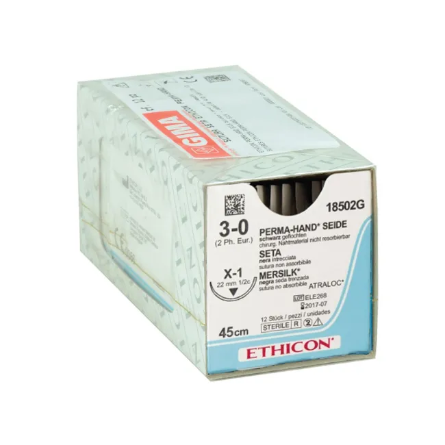 Ață de sutură neresorbabilă din mătase Ethicon Perma-Hand 3/0, ac 22 mm X-1, împletită (cutie 12 buc)