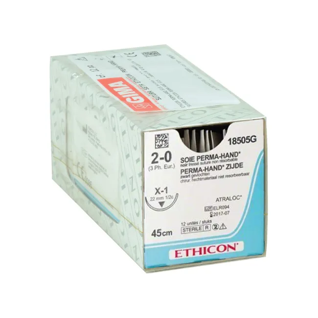 Ață de sutură neresorbabilă din mătase Ethicon Perma-Hand 2/0, ac 22 mm X-1, împletită (cutie 12 buc)