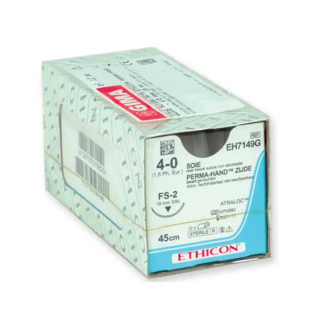 Ață de sutură neresorbabilă din mătase Ethicon Perma-Hand 4/0, ac 19 mm FS-2, împletită (cutie 12 buc)