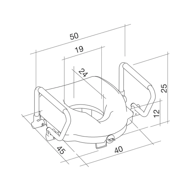 Înălțător toaletă cu brațe rabatabile din aluminiu anodizat, înălțime 12,5 cm (1 buc)