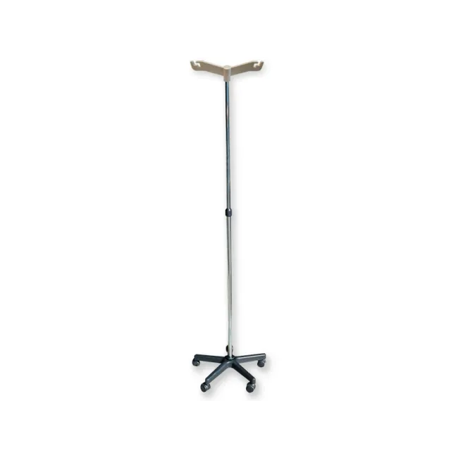 Stativ perfuzie din oțel cromat cu 2 cârlige din plastic, pe cărucior cu 5 rotile (1 buc)