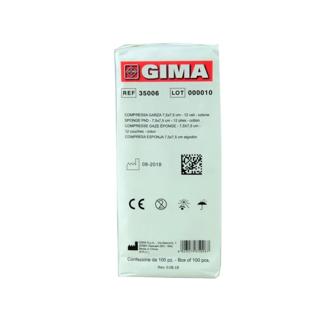 Comprese din tifon de bumbac 7,5 × 7,5 cm, 12 straturi, nesterile (cutie 1000 buc)