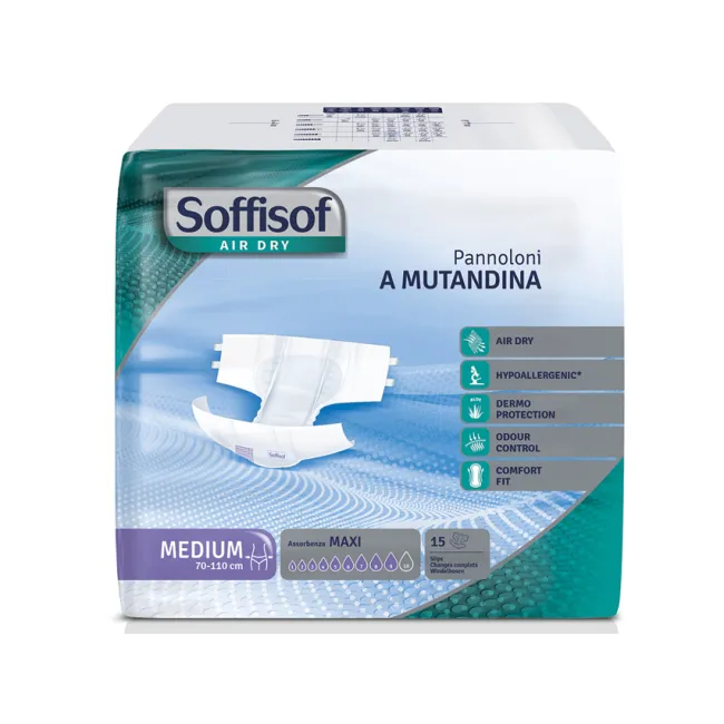 Scutece pentru adulți Soffisof Air Dry pentru incontinență severă, Medium, 70–110 cm (cutie 60 buc)