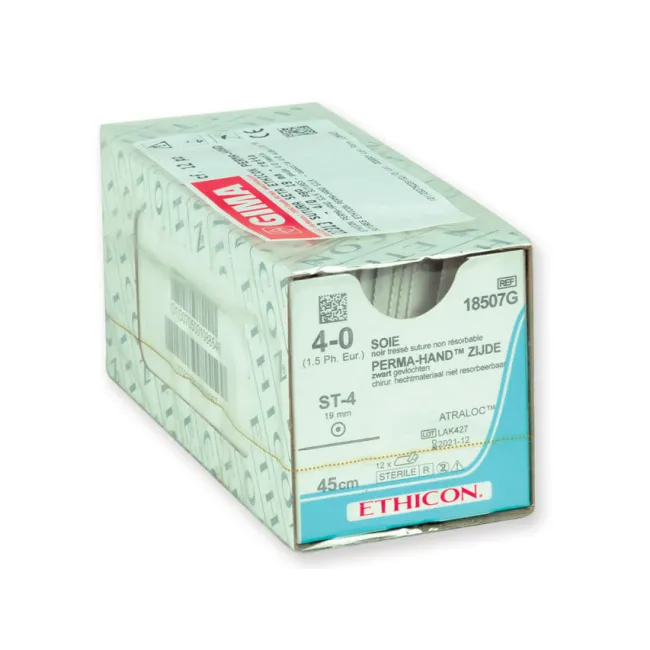 Ață de sutură neresorbabilă din mătase Ethicon Perma-Hand 4/0, ac drept 19 mm ST-4, împletită (cutie 12 buc)