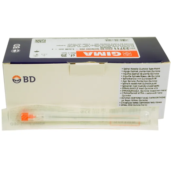 Ac spinal BD Quincke Point 25G 0,5 × 90 mm portocaliu pentru anestezie spinală, steril (cutie 25 buc)