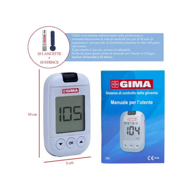 Glucometru Gima mg/dL cu manual în limbile IT, DE, GR, Arabic, kit complet cu 10 teste (1 buc)