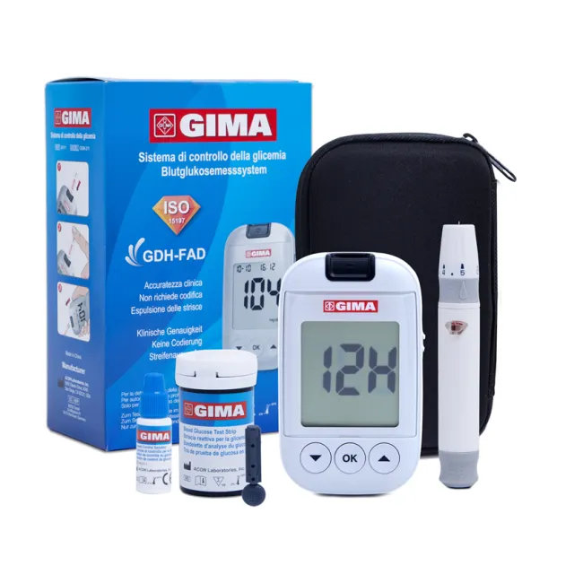 Glucometru Gima mg/dL cu manual în limbile IT, DE, GR, Arabic, kit complet cu 10 teste (1 buc)