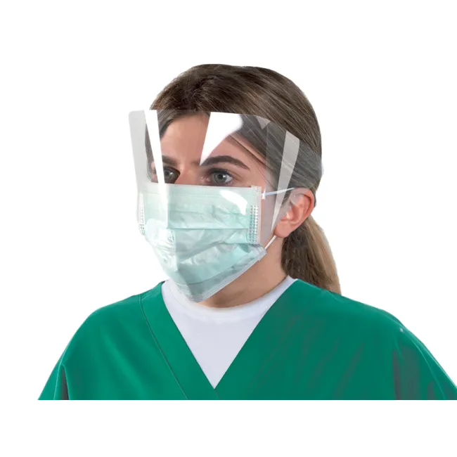 Mască chirurgicală MASKOP cu vizor panoramic, benzi elastice auriculare, verde, antiaburire (cutie 50 buc)