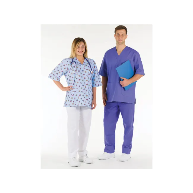 Bluză medicală unisex din bumbac 100%, guler în V, albastru deschis cu model, mărimea M (1 buc)