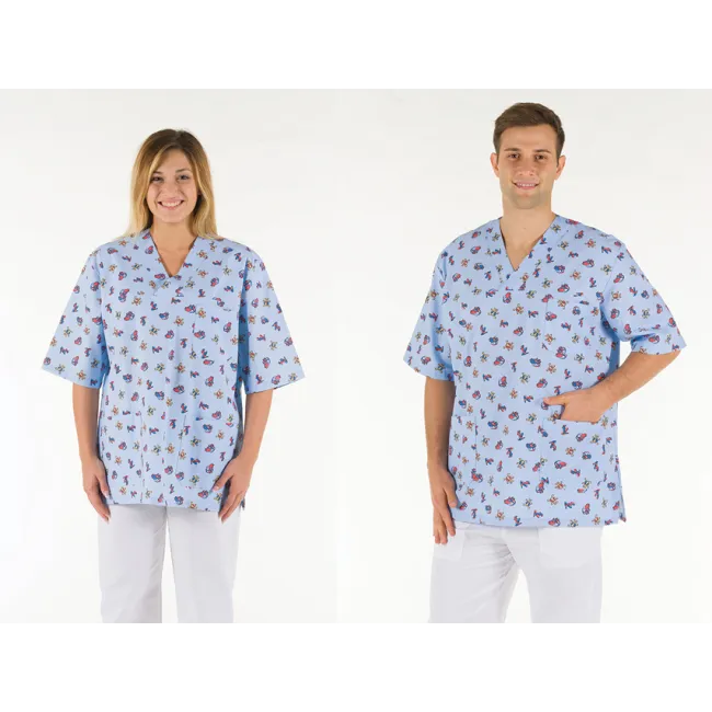 Bluză medicală unisex din bumbac 100%, guler în V, albastru deschis cu model, mărimea L
