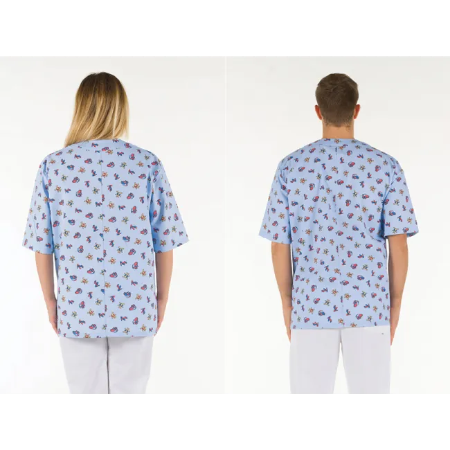 Bluză medicală unisex din bumbac 100%, guler în V, albastru deschis cu model, mărimea XL