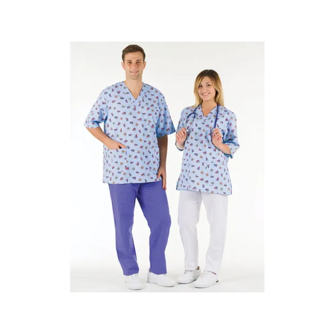 Bluză medicală unisex din bumbac 100%, guler în V, albastru deschis cu model, mărimea XL
