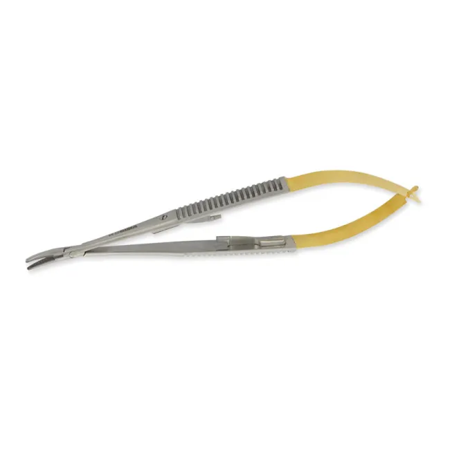 Portac de ace Castroviejo curbat cu carbură de tungsten, vârf zimțat – 14 cm (1 buc)