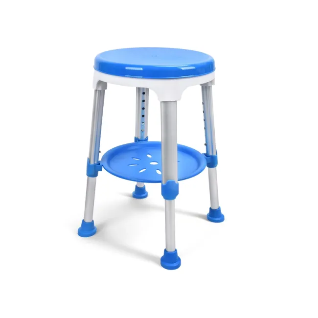 Scaun de duș albastru cu tavă, înălțime reglabilă 40–52 cm