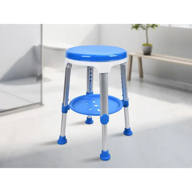 Scaun de duș albastru cu tavă, înălțime reglabilă 40–52 cm