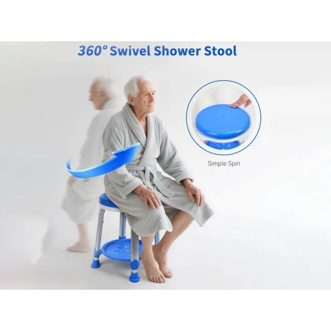 Scaun de duș albastru cu tavă, înălțime reglabilă 40–52 cm