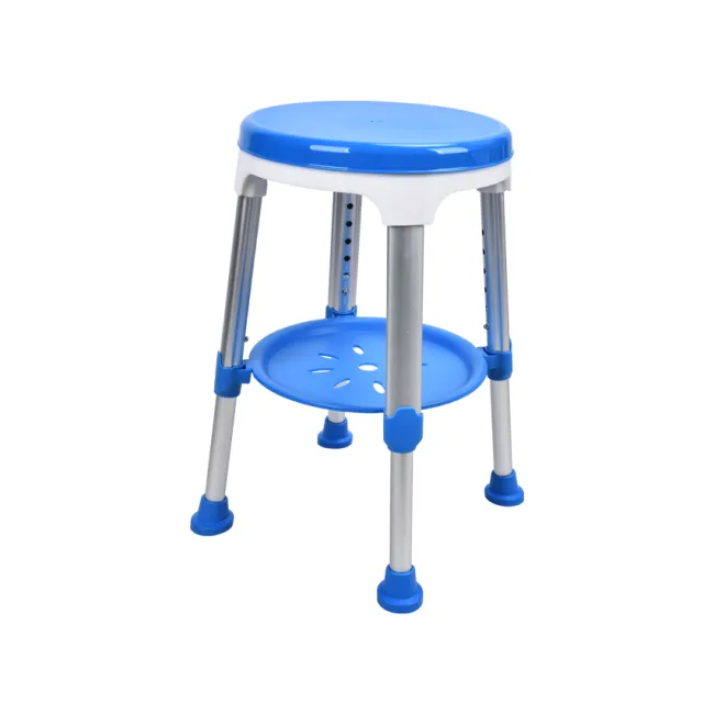 Scaun de duș albastru cu tavă, înălțime reglabilă 40–52 cm