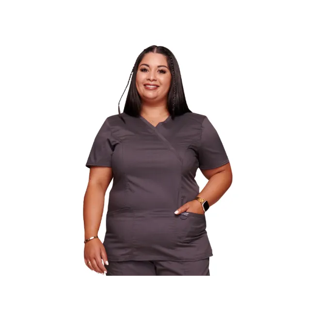 Bluză medicală Cherokee Revolution Mock Wrap pentru femei, mărimea XL, culoare pewter