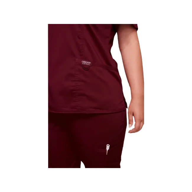 Bluză medicală Cherokee Revolution Mock Wrap pentru femei, mărimea S, culoare wine