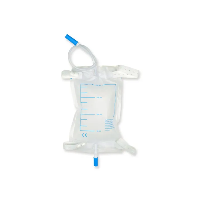 Pungă colectoare de urină pentru picior 750 ml, tub 35 cm, cu valve anti-reflux și curele cu nasturi (cutie 30 buc)