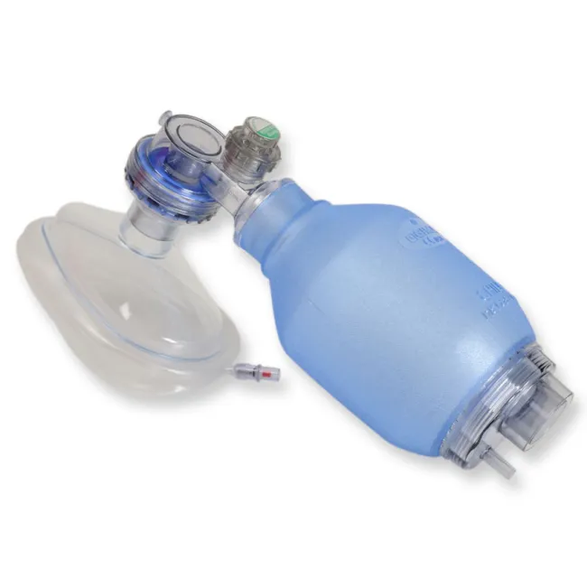 Balon resuscitator din PVC de unică folosință pentru copii, cu mască N°3 și valvă pop-off 40 cm H₂O, volum 500 ml