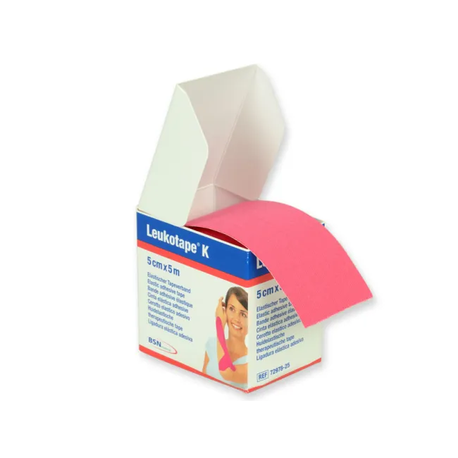 Bandă adezivă elastică pentru taping neuromuscular Leukotape K 5 m × 5 cm, roz