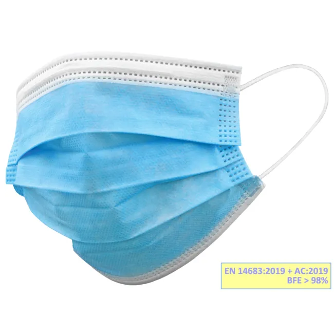 Mască chirurgicală de protecție GISAFE tip IIR, filtrare 98%, 3 straturi, cu bride elastice, albastru deschis (cutie 50 buc)