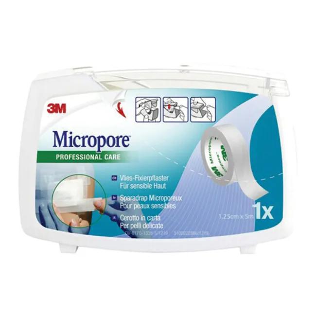 Bandă adezivă chirurgicală 3M Micropore sterilă 1,25 cm × 5 m albă cu dispenser (cutie 1 buc)