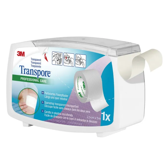 Bandă adezivă chirurgicală 3M Transpore sterilă 2,5 cm × 5 m cu dispenser (cutie 1 buc)