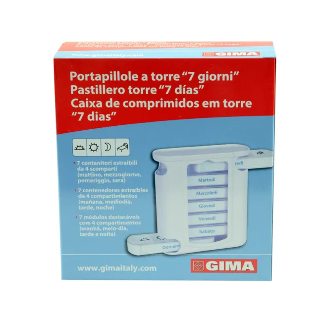 Organizator săptămânal de medicamente tip turn cu 7 cutii detașabile, 4 compartimente