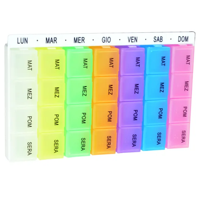 Set 4 organizatoare săptămânale de medicamente Easy Planner, 7 cutii detașabile cu 4 compartimente, inscripții în italiană