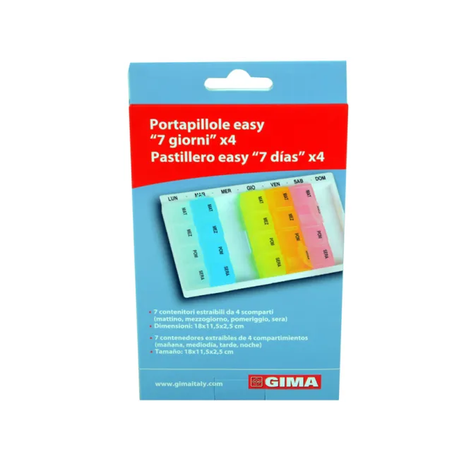 Set 4 organizatoare săptămânale de medicamente Easy Planner, 7 cutii detașabile cu 4 compartimente, inscripții în italiană