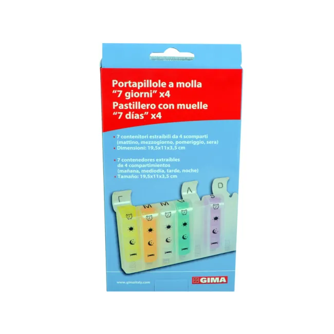 Organizator săptămânal de medicamente cu 4 compartimente pe zi, cu arc și braille