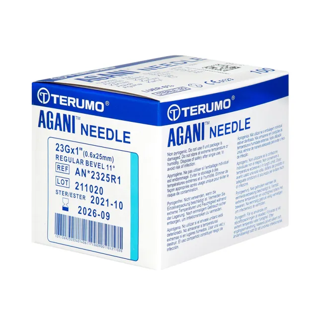 Ace hipodermice sterile Terumo Agani 23G × 1″ – 0,6 × 25 mm, albastre (cutie 100 buc)