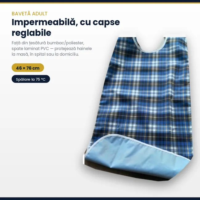 Bavetă impermeabilă pentru adulți, reutilizabilă, 46 × 76 cm – cu capse reglabile
