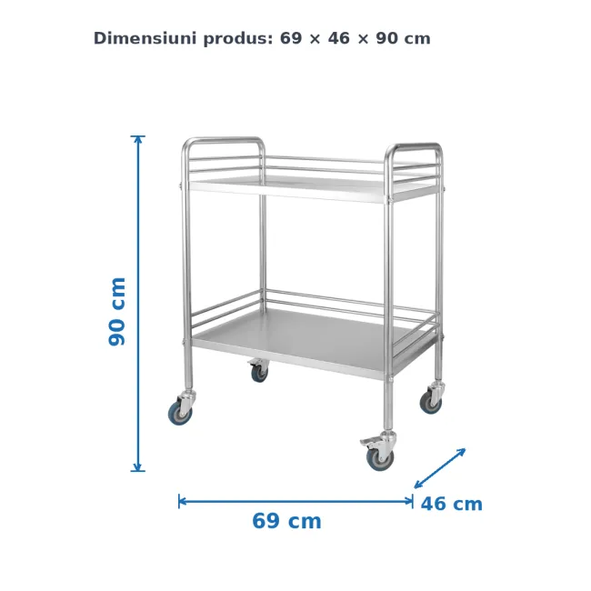 Carucior medical din inox cu 2 polițe, sarcina totală 50 kg