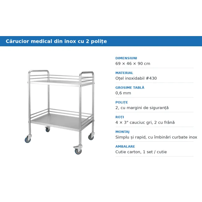 Carucior medical din inox cu 2 polițe, sarcina totală 50 kg