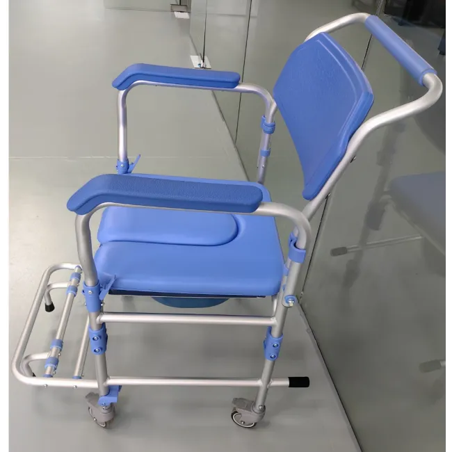 Scaun cu WC și duș din aluminiu, pe roți, cu cotiere rabatabile și suport picioare, sarcină 150 kg