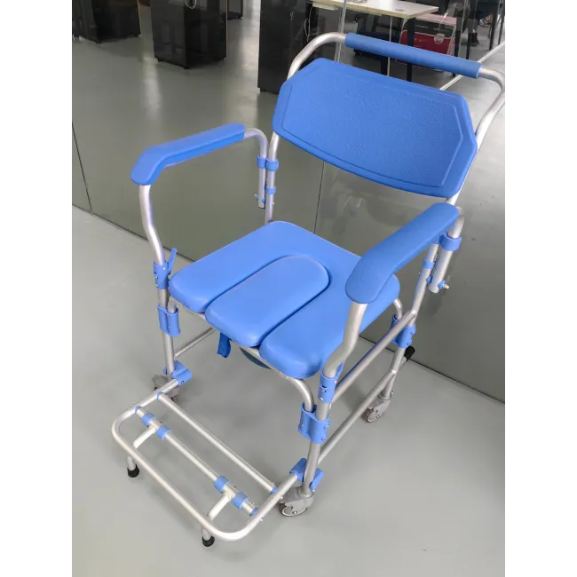 Scaun cu WC și duș din aluminiu, pe roți, cu cotiere rabatabile și suport picioare, sarcină 150 kg