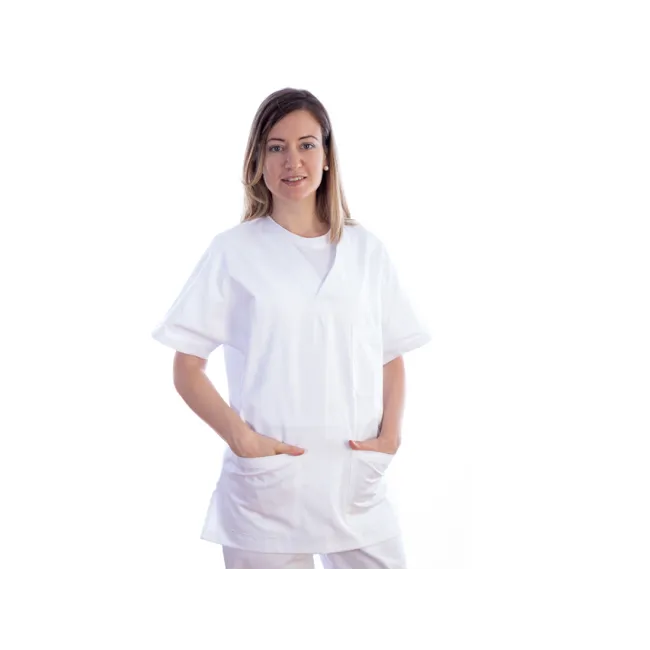 Haină medicală unisex mărimea XXL, albă, mânecă scurtă, bumbac și poliester (1 buc)