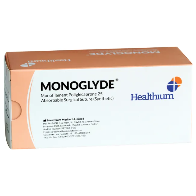 Fir de sutură absorbabil monofilament Monoglyde poliglecaprone 25, calibru 0, ac rotund 1/2 30 mm, 70 cm, incolor (cutie 12 buc)