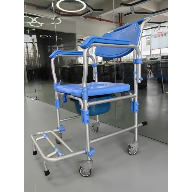 Scaun cu WC și duș din aluminiu, pe roți, cu cotiere rabatabile și suport picioare, sarcină 150 kg