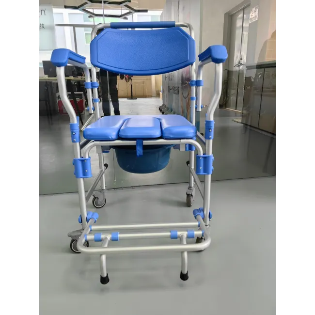 Scaun cu WC și duș din aluminiu, pe roți, cu cotiere rabatabile și suport picioare, sarcină 150 kg