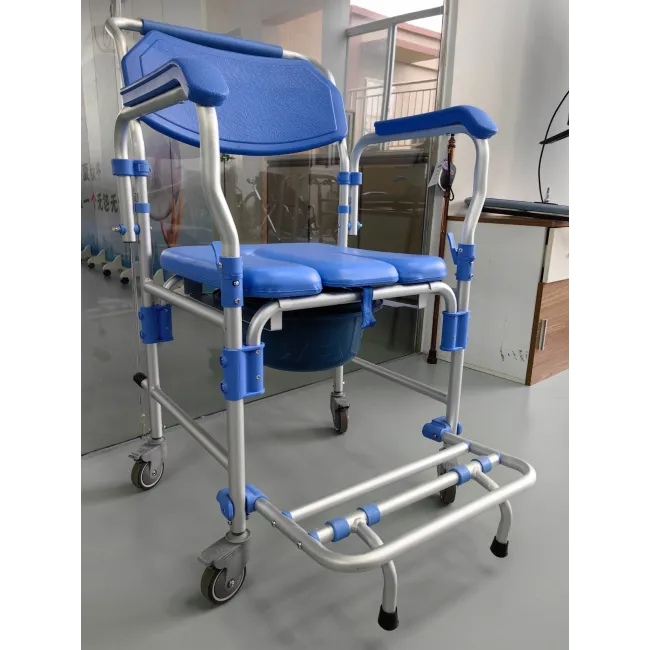 Scaun cu WC și duș din aluminiu, pe roți, cu cotiere rabatabile și suport picioare, sarcină 150 kg