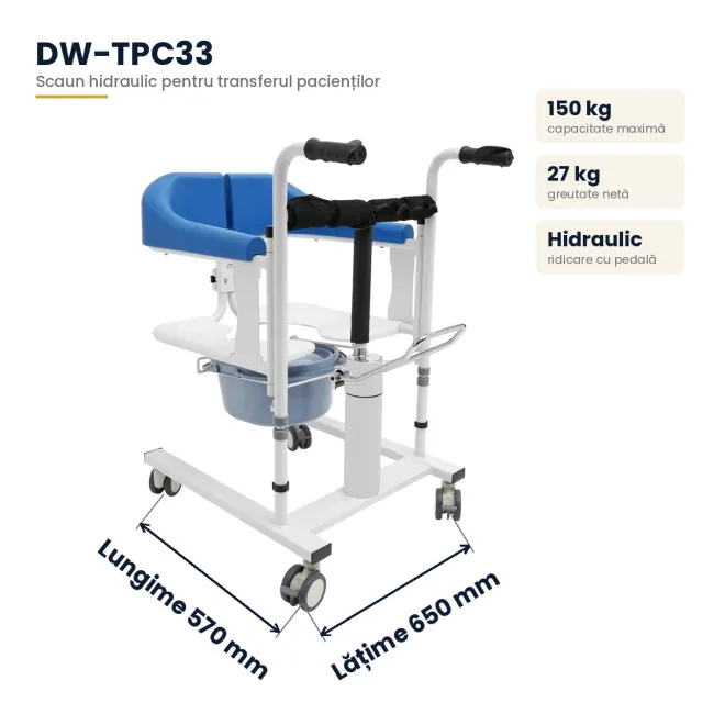 Scaun hidraulic multifuncțional pentru transfer pacienți – ridicare, transport și utilizare WC, sarcina 150 kg